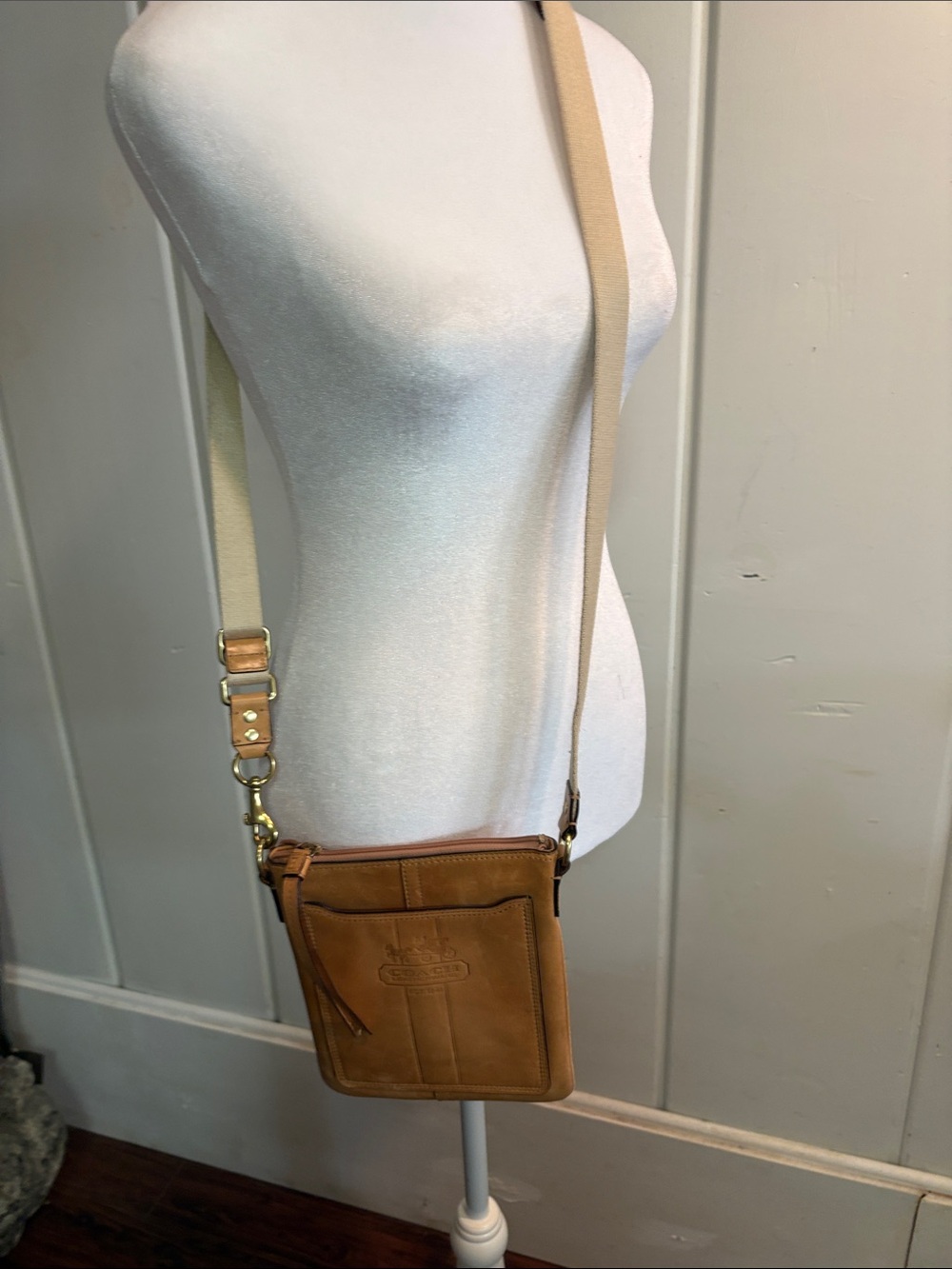 Coach Tan Leather Crossbody with Beige Canvas Strap